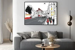 Plakat: Ilustracja dojeżdżających na londyńskiej ulicy miasta