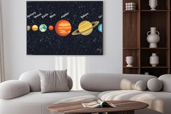 Plakat: Ilustracja układu słonecznego planet wokół słońca przedstawiający