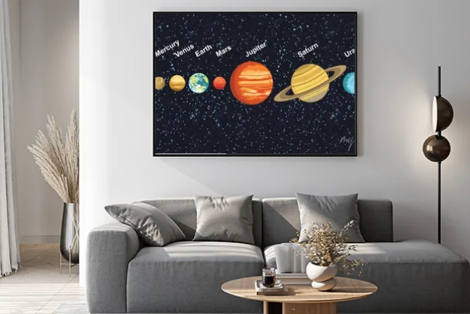 Plakat: Ilustracja układu słonecznego planet wokół słońca przedstawiający