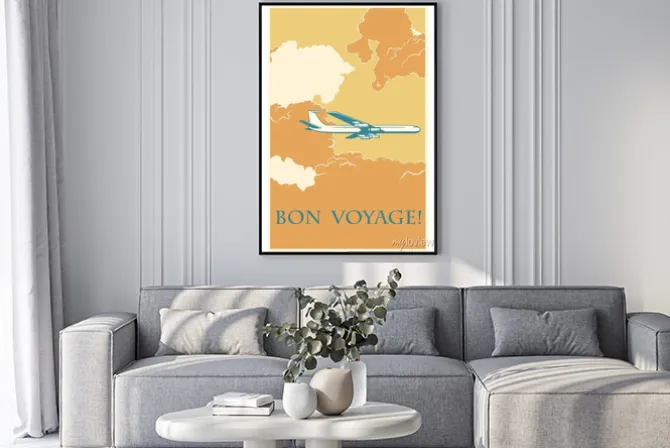 Plakat: Ilustracja vintage z samolotem i hasłem bon voyage