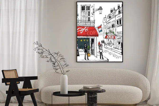 Plakat: Ilustracja z francuskiego miasteczka sceny ulicznej kawiarni