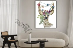 Plakat: Ilustracja z sarny z kwiatami