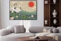 Plakat: Ilustracja z żurawiami w stylu japońskim