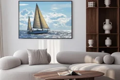 Plakat: Jacht żaglowy w słoneczny dzień w wodach zatoki ryskiej