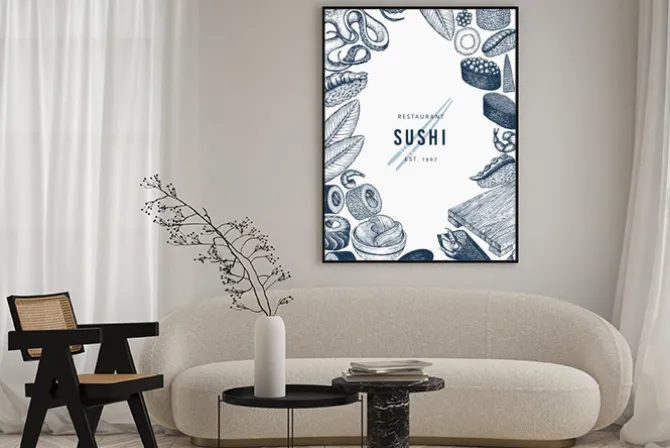 Plakat: Japanese cuisine banner template. sushi hand drawn vector illustrations.