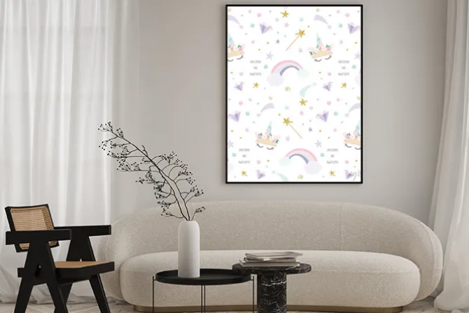 Plakat: Jednorożec magii wzór tła z tęczy, gwiazd i diamentów. do druku