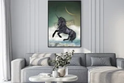 Plakat: Jednorożec w oceanie z wielkim księżycem