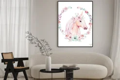 Plakat: Jednorożec w wieńcu z kwiatów