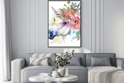 Plakat: Jednorożec z kwiatami na głowie malowany akwarelą