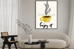 Plakat: Jesień kaligrafii karta z filiżanką kawy lub herbaty. ciesz się