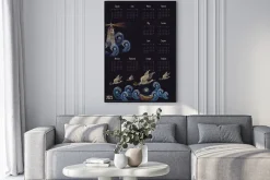 Plakat: Kalendarz w ciemnych barwach z latarnią morską i ptakami