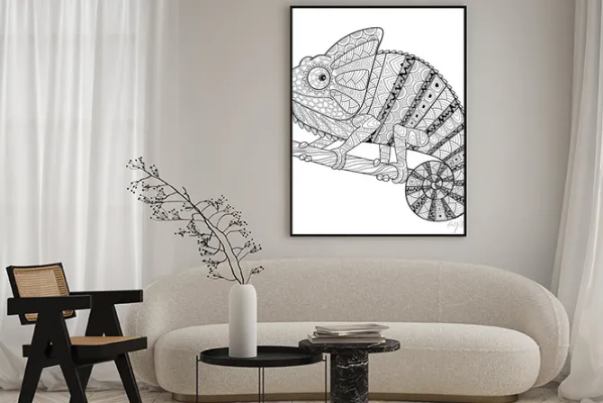 Plakat: Kameleon. dorosły antystresowy farbowanie strony. czarno-białe