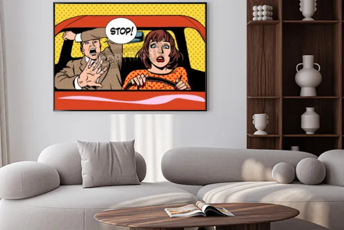 Plakat: Kobieta jazdy kierowcy szkoły panika spokojna stylu retro pop-artu.