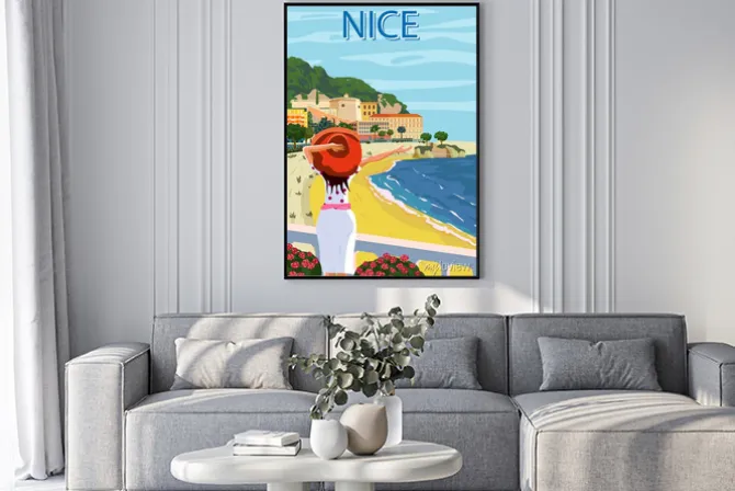 Plakat: Kobieta na plaży retro ilustracja lazurowe wybrzeże