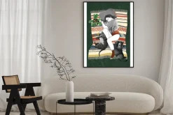 Plakat: Kobieta odpoczywająca na kocu z kotami