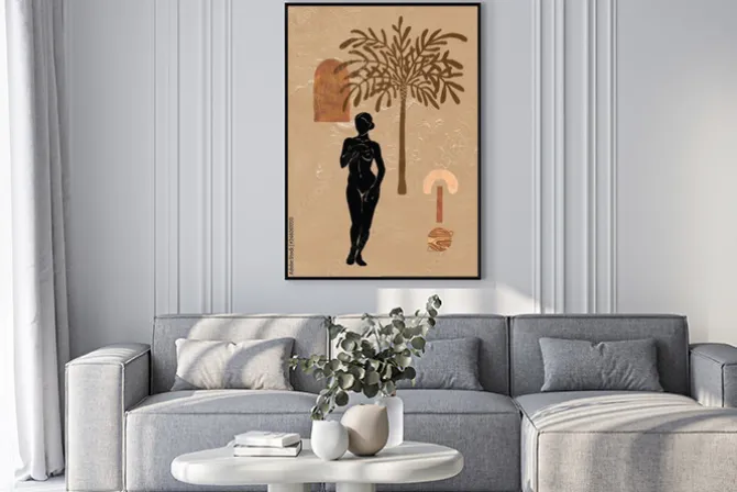 Plakat: Kobieta pod palmą abstrakcyjna ilustracja