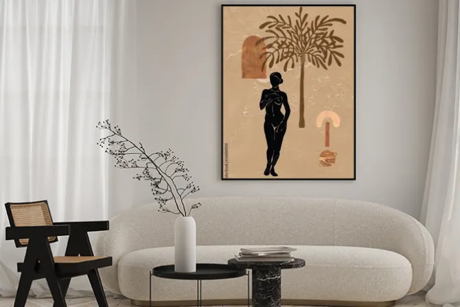 Plakat: Kobieta pod palmą abstrakcyjna ilustracja