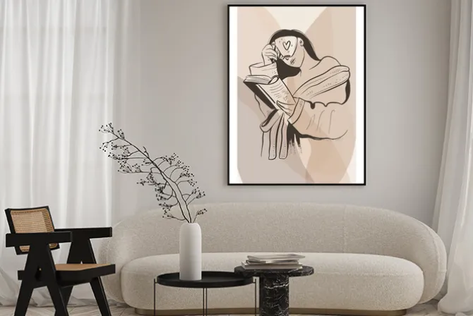 Plakat: Kobieta relaksująca się przy książce i filiżance kawy