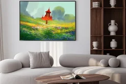 Plakat: Kobieta w dziedzinie kwiat obok czerwonego zamku i góry, ilustracja