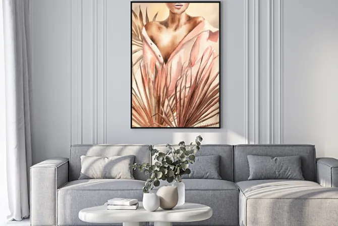 Plakat: Kobieta w koszuli wśród liści akwarela