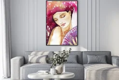 Plakat: Kobieta z różowymi włosami i wachlarzem