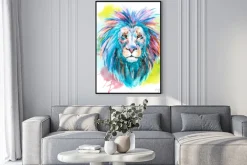 Plakat: Kolorowa głowa lwa w stylu akwarelowym
