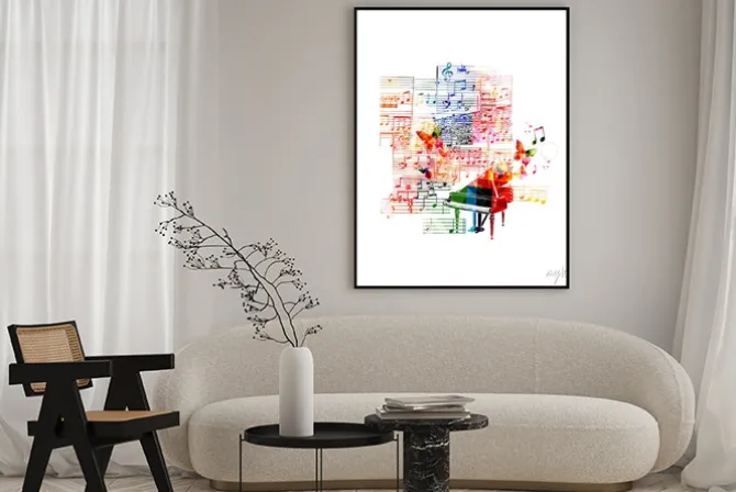 Plakat: Kolorowa ilustracja fortepianu z nutami