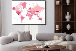 Plakat: Kolorowa ilustracja mapy świata przedstawiająca nazwy krajów,