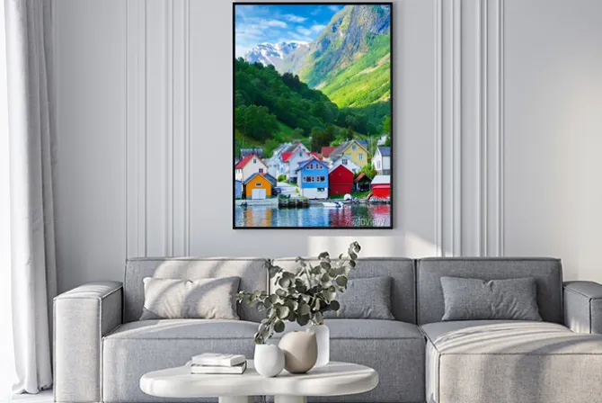 Plakat: Kolorowe drewniane domki w norweskich górach