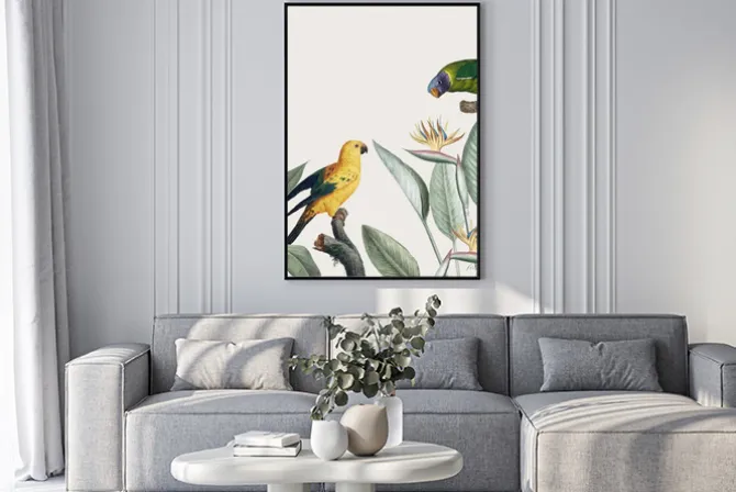 Plakat: Kolorowe papugi i egzotyczne liście