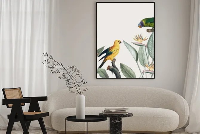 Plakat: Kolorowe papugi i egzotyczne liście