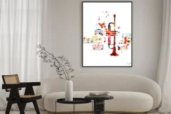 Plakat: Kolorowy muzyczny wzór z motylami trąbką