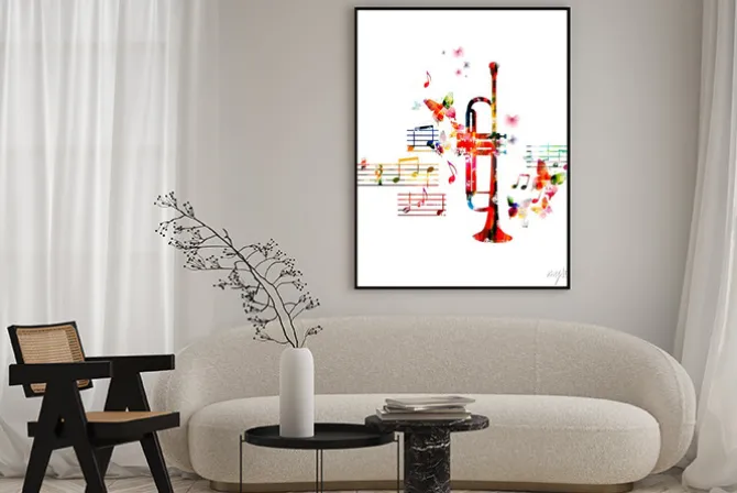 Plakat: Kolorowy muzyczny wzór z motylami trąbką