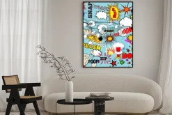 Plakat: Komiksowe efekty dźwiękowe na niebieskim tle