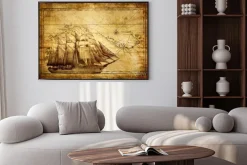 Plakat: Kompozycja podróżnicza ze statkiem i starą mapą