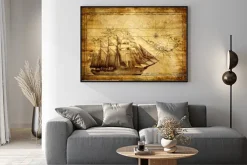 Plakat: Kompozycja podróżnicza ze statkiem i starą mapą