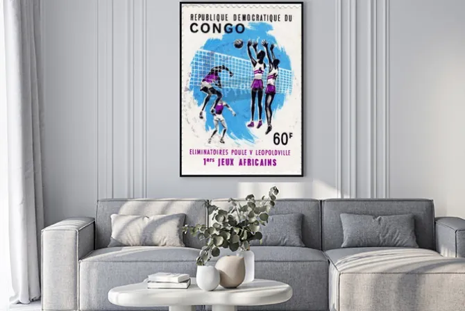 Plakat: Kongo - około 1975: stempel drukowane w kongo pokazuje sportowców