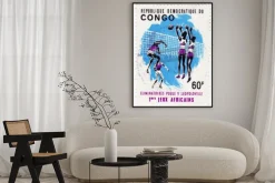 Plakat: Kongo - około 1975: stempel drukowane w kongo pokazuje sportowców