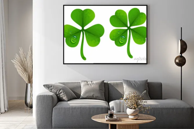 Plakat: Koniczyna pozostawia kroplami rosy. szczęście koniczynę. cztery