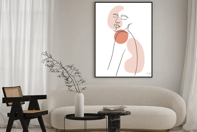 Plakat: Kontur kobiety z różowymi plamami na białym tle