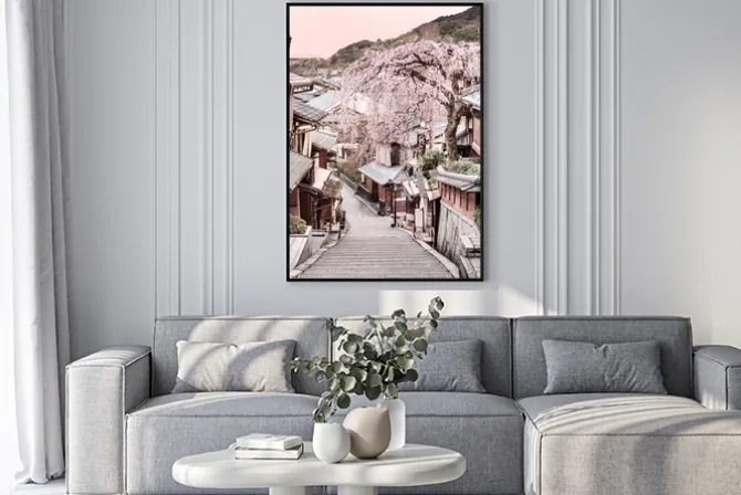 Plakat: Krajobraz kioto japońskie miasto o zachodzie słońca