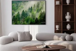 Plakat: Krajobraz lasu iglastego we mgle