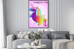 Plakat: Kreskówka neon jednorożca z gwiazdami na różowym tle gradientu