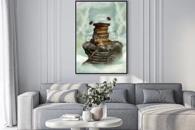 Plakat: Książki na niebie na kamiennej klatce schodowej