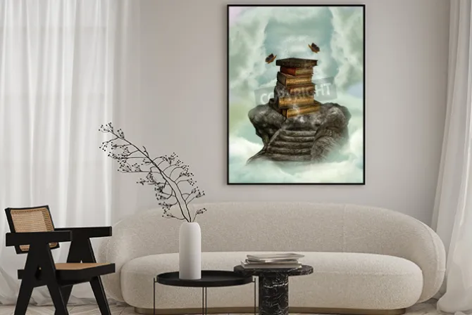 Plakat: Książki na niebie na kamiennej klatce schodowej