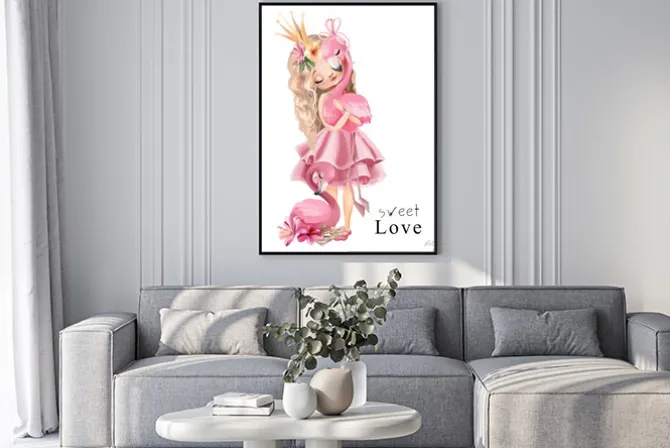 Plakat: Księżniczka w różowej sukience z flamingami