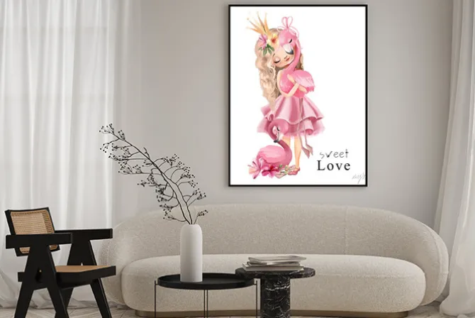 Plakat: Księżniczka w różowej sukience z flamingami