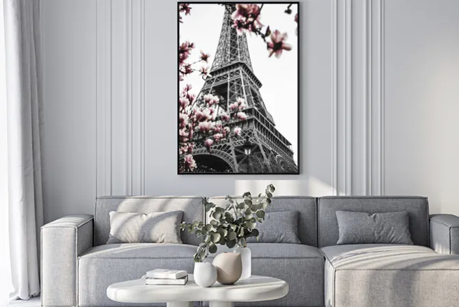 Plakat: Kwitnące magnolie na tle wieży eiffla