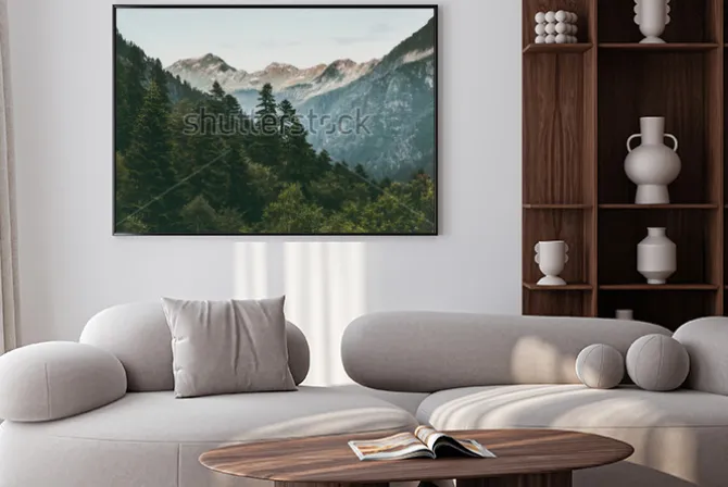 Plakat: Las iglasty i góry krajobraz podróż spokojny krajobraz lato zieleń