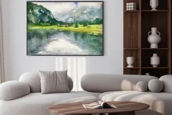 Plakat: Latem krajobraz z górskie jezioro malowane akwarelami